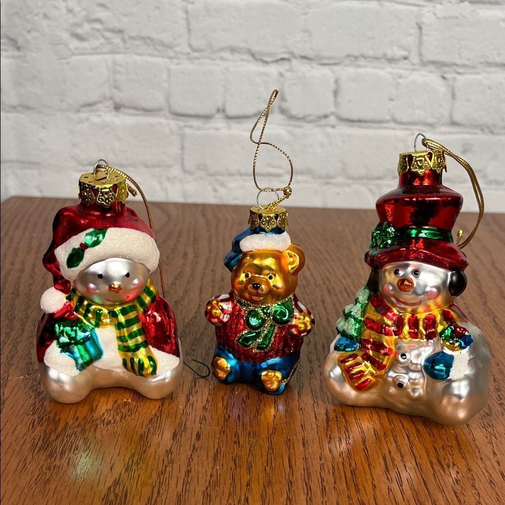 Holiday Time 2 Snowman and Bear Glass Ornament Set EUC